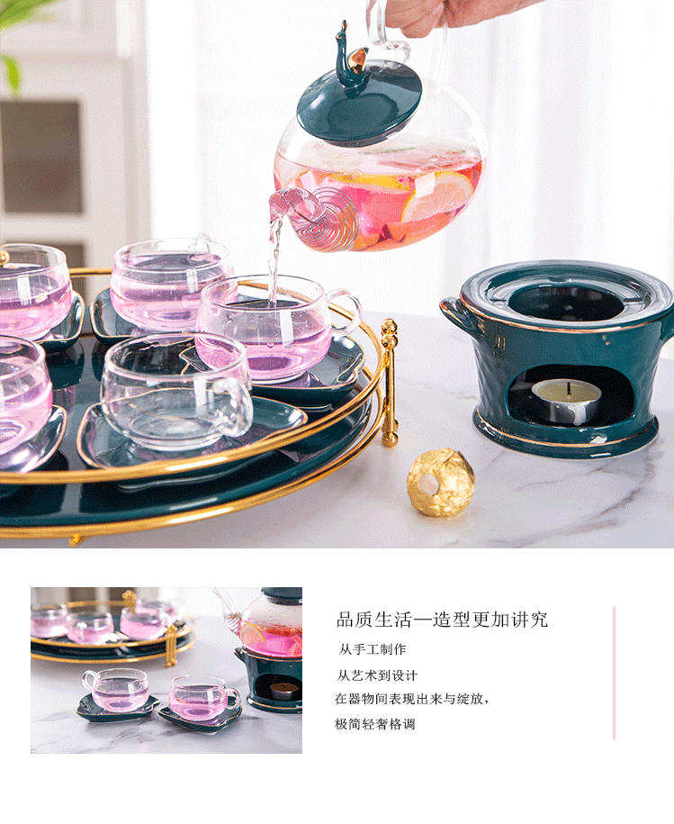 European malachite green tea ceramic teapot set glass flower tea light key-2 luxury ins scented tea mercifully pot of fruit