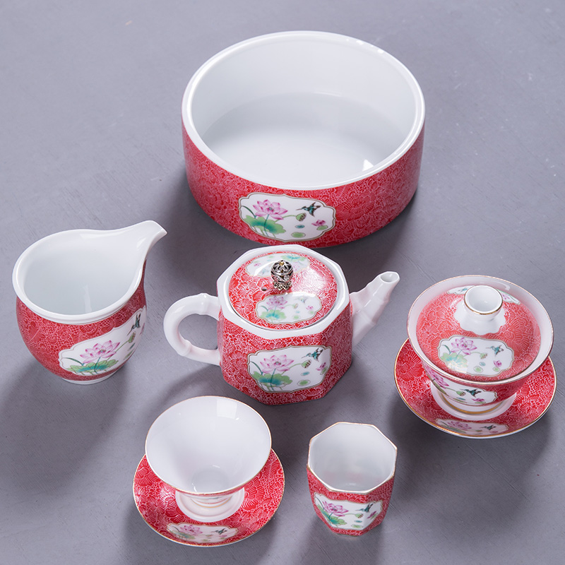 Colored enamel porcelain tea set suit small household set of kung fu tea set a complete set of contracted tea tureen cup teapot