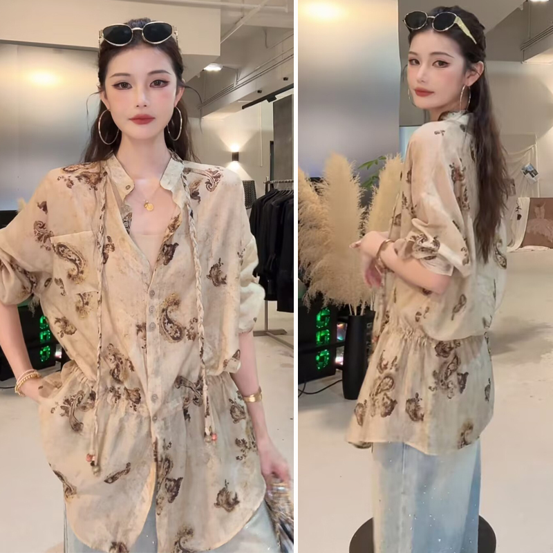 High-End Elegant Blouse for Women, Long-Sleeved, Sun-Protective, Spring and Summer Trendy Design, Drawstring Printed Top, Unique Thin Shirt