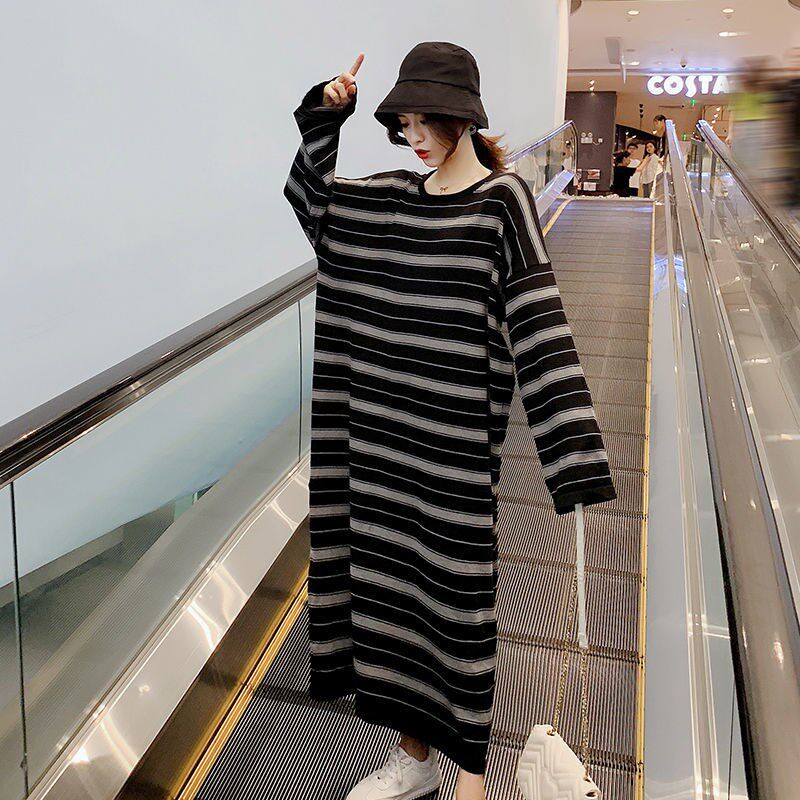 Long skirt ankle female 2021 new loose large size striped casual skirt super long knitted dress lazy trend