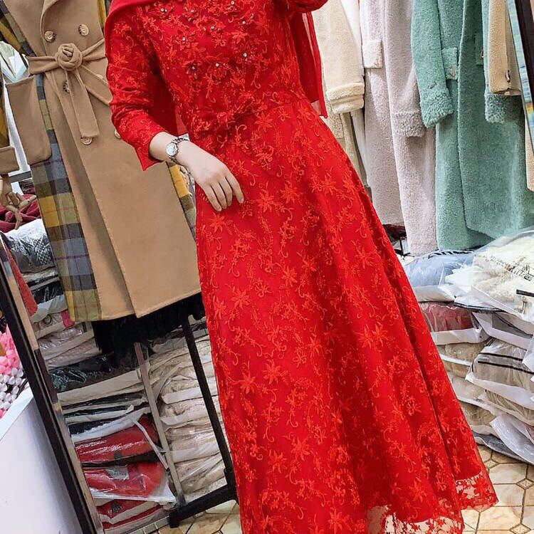 Muslim Spring Autumn Season New Lace Red Long Sleeve Long Dress Temperament Foreign Dress Women Islamic Women