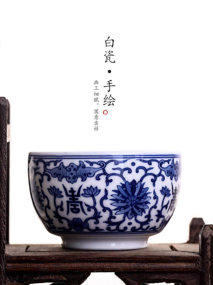 Pure manual jingdezhen blue and white master cup single sample tea cup and cup hand - made lotus flower ceramic kung fu large cups
