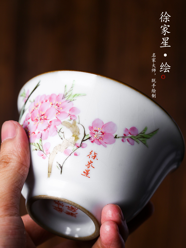 Jingdezhen Xu Jiaxing hand - made peach blossom put water point high - end up with glaze three tureen kung fu tea bowl of tea cups