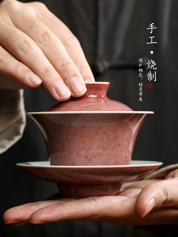 Cowpea red three tureen tea cups only protect hot large jingdezhen ceramic tea set pure manual kung fu always is getting out