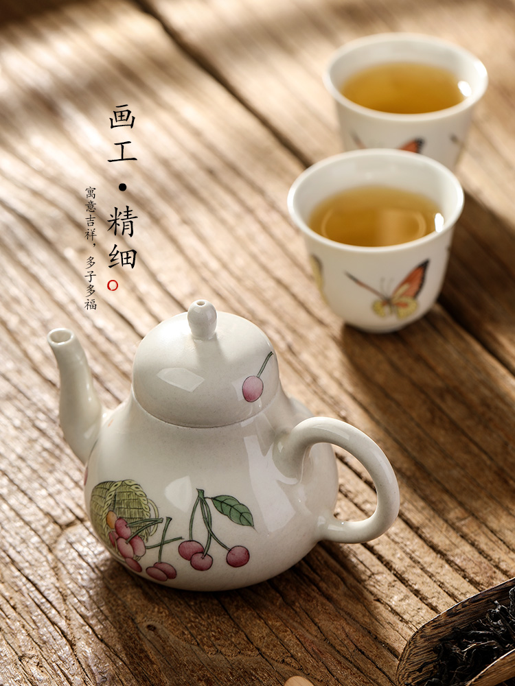 Jingdezhen pure manual teapot kongfu tea pot plant ash glaze hand - made cherry ball hole, small ceramic pot