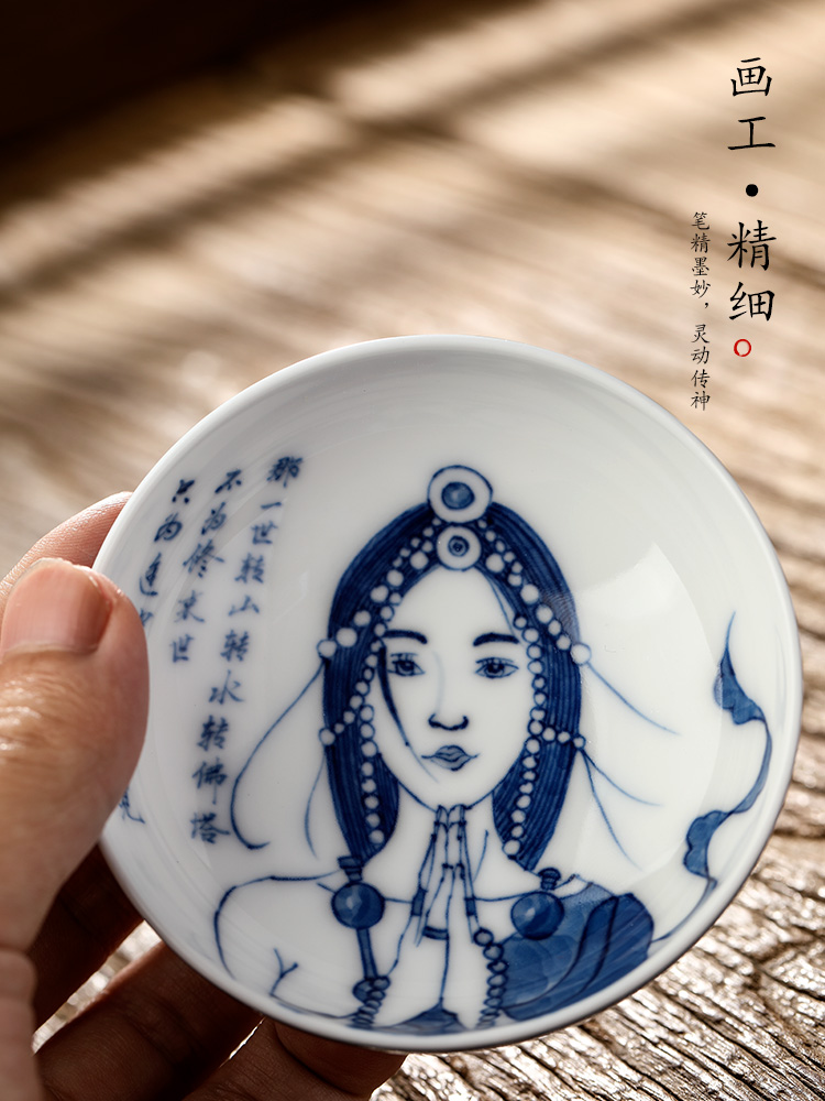 Jingdezhen porcelain masters cup single cup men 's pu' er cup hand - drawn characters color glaze sample tea cup only kung fu tea cups