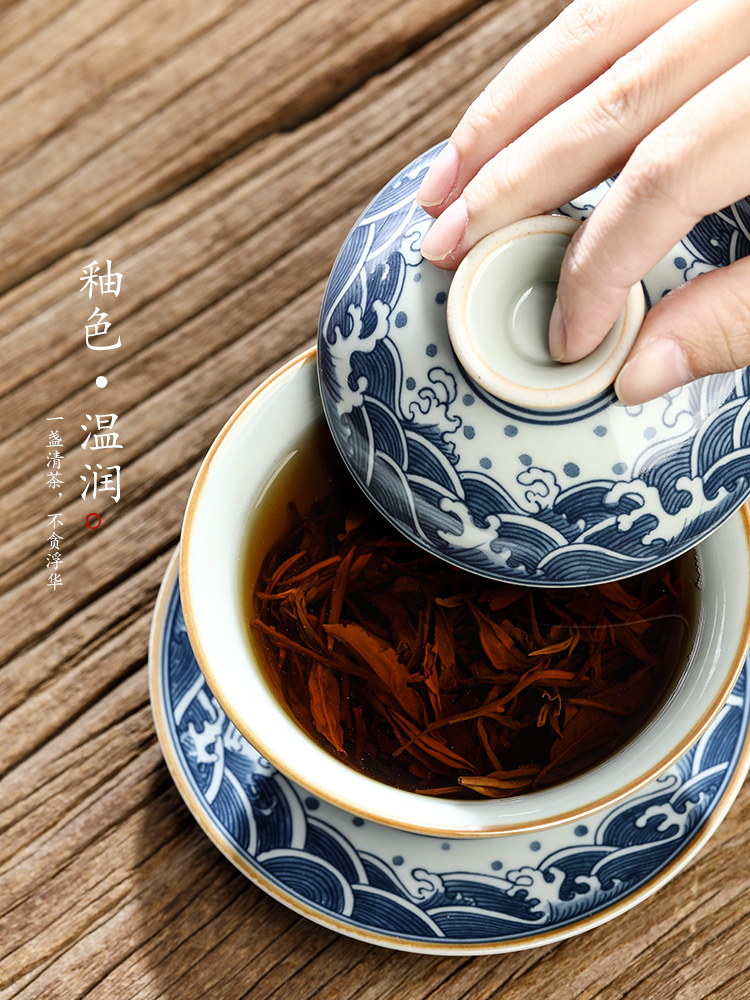 Jingdezhen blue and white only three tureen tea cups large hot kunfu tea tea bowl of checking ceramic tea set