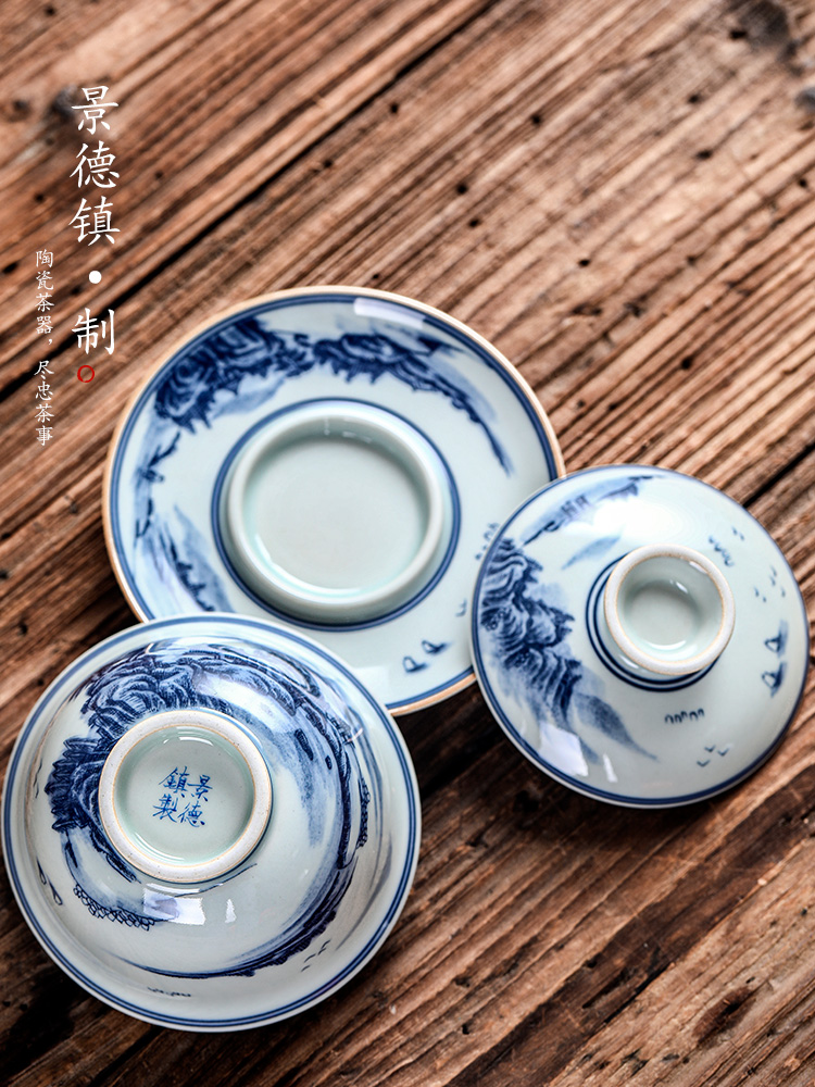 Jingdezhen blue and white only three tureen tea ware kongfu tea cup single use prevent hot pure manual hand - made of scenery