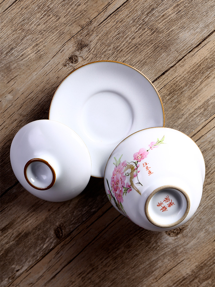 Jingdezhen Xu Jiaxing hand - made peach blossom put water point high - end up with glaze three tureen kung fu tea bowl of tea cups
