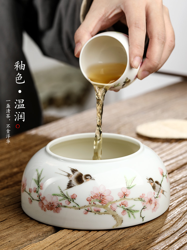 Jingdezhen pure manual hand some peach blossom put tea water wash water building ceramic water home writing brush washer water jar tea machine accessories