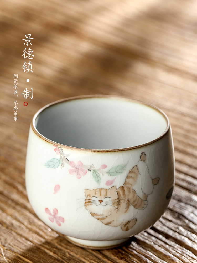 Your up hand - made the cat master cup single CPU jingdezhen checking ceramic kung fu tea set a single cup sample tea cup