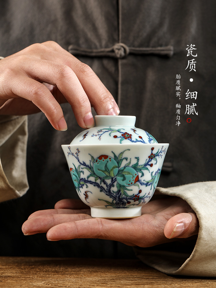Jingdezhen tureen tea pure manual Chinese trumpet hand - made ceramic tea bowl f peach kunfu tea, hot prevention