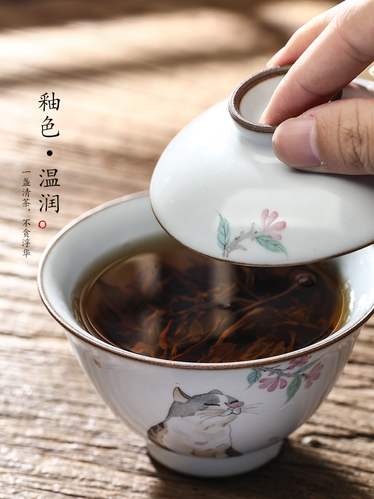 Your up hand - made tureen tea tea bowl jingdezhen upset against the hot piece of ceramic tea set pure manual open cat tea