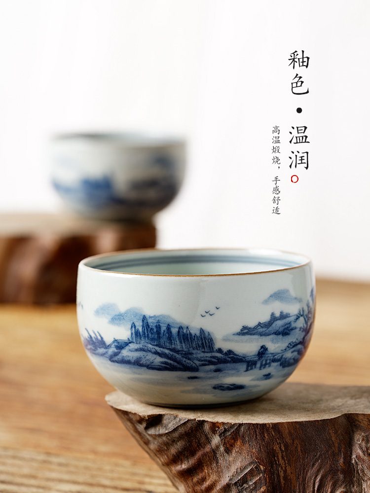 Jingdezhen blue and white master cup of pure manual hand - made ceramic sample tea cup single cup large landscape kung fu tea cups