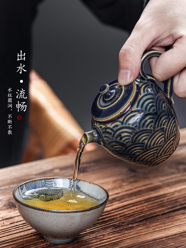 Kombucha tea teapot jingdezhen ceramic all hand carved auspicious cloud color glaze ball hole, single pot of Chinese tea set