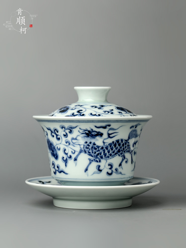 Jingdezhen blue and white only three pure manual tureen tea Chinese tea bowl of hand - made of ceramic kung fu tea set male restoring ancient ways