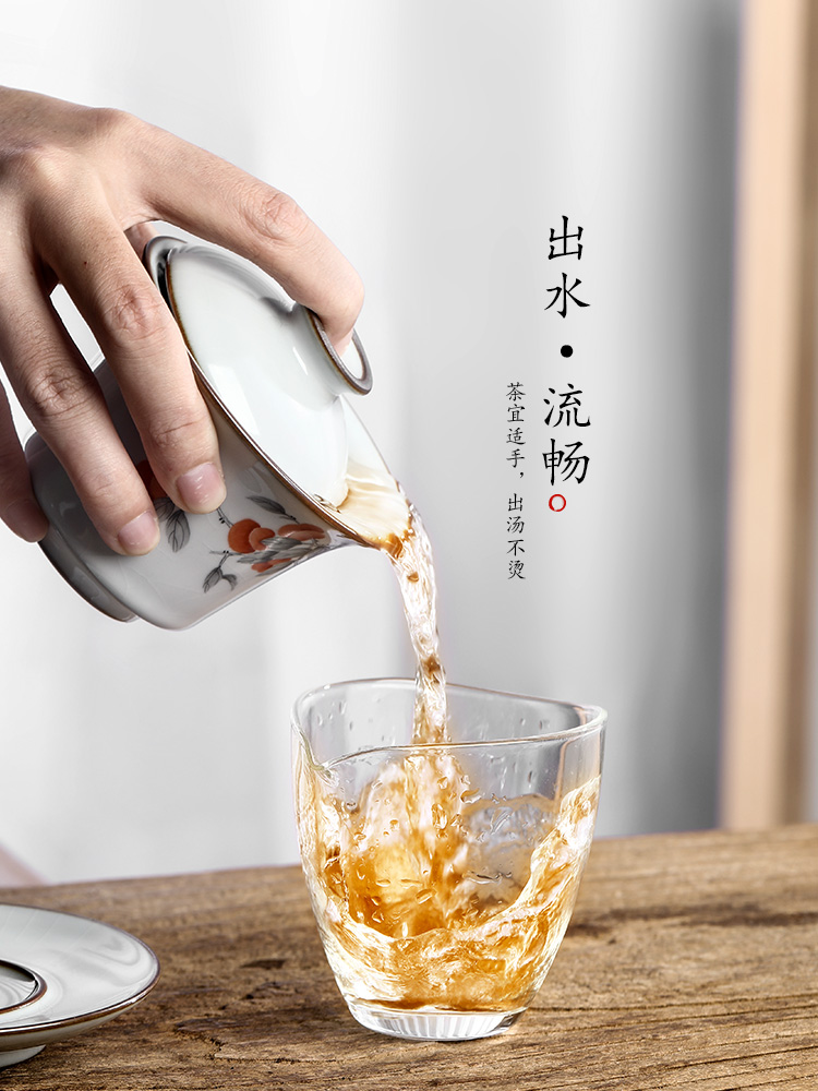 Pure manual your up was three to make tea tureen tea art jingdezhen hand - made persimmon ruyi hot kung fu tea bowls