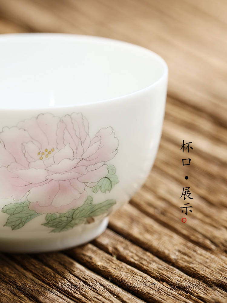 Jingdezhen hand - made ceramic kung fu tea cups white porcelain sample tea cup single cup pure manual peony masters cup single tea set