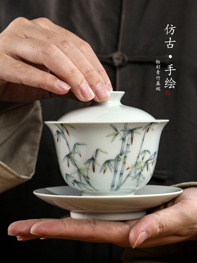 Jingdezhen pure manual three tea tureen Chinese style is not only large bowl with hand - made archaize kung fu tea set