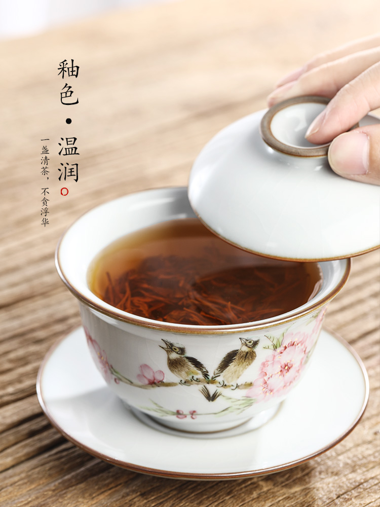 Light peach blossom put tea three Xu Jiaxing hand - made water tureen prevent hot large jingdezhen checking make tea bowl of tea