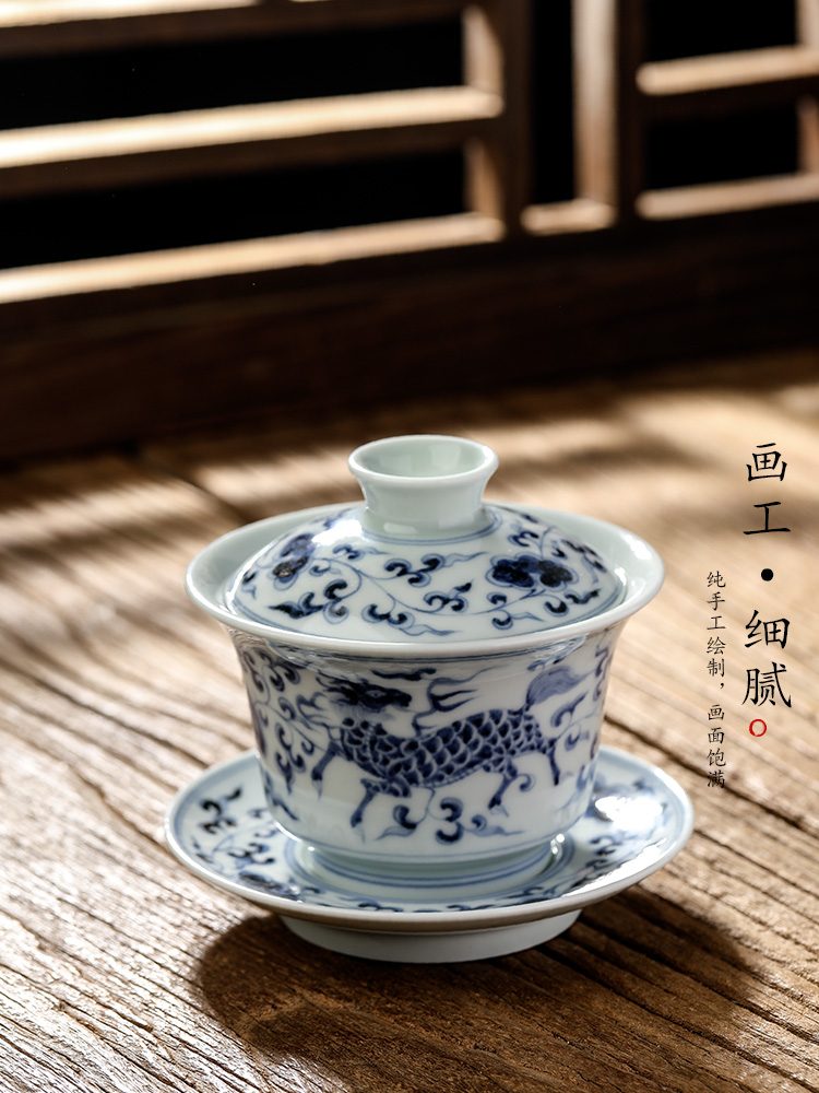 Jingdezhen blue and white only three pure manual tureen tea Chinese tea bowl of hand - made of ceramic kung fu tea set male restoring ancient ways