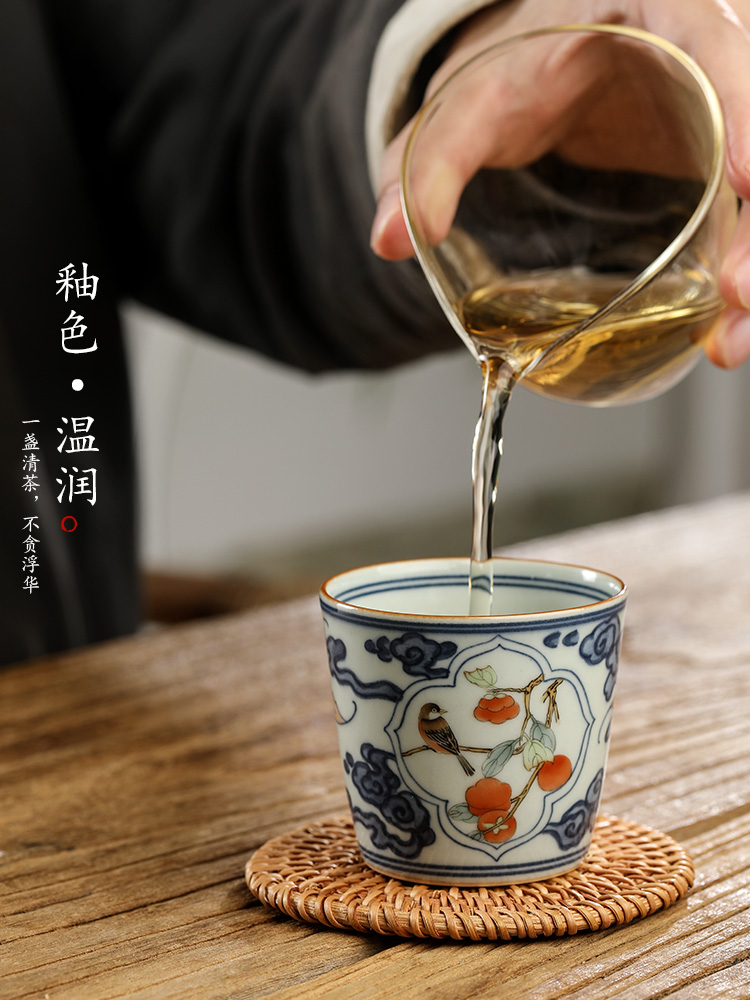 Jingdezhen ceramic tea set blue kung fu master cup sample tea cup single cup of pure manual teacups hand - made painting of flowers and tea light