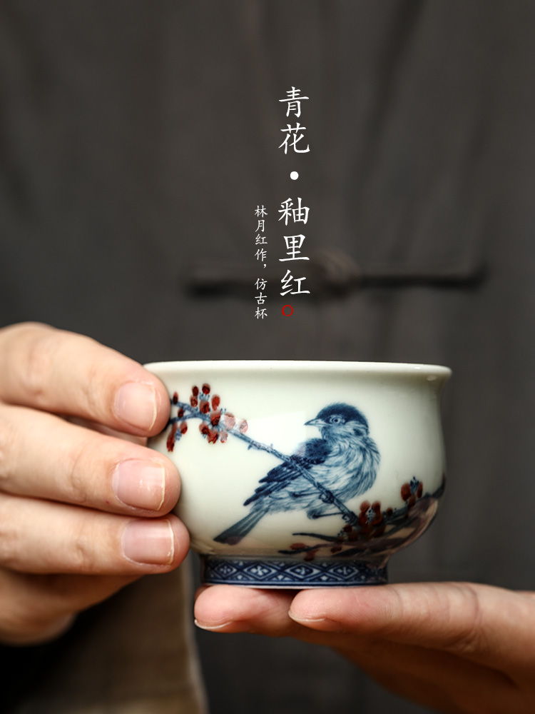 Lin Yuehong jingdezhen blue and white youligong hand - made master cup single cup pure manual kung fu tea cups ceramic sample tea cup