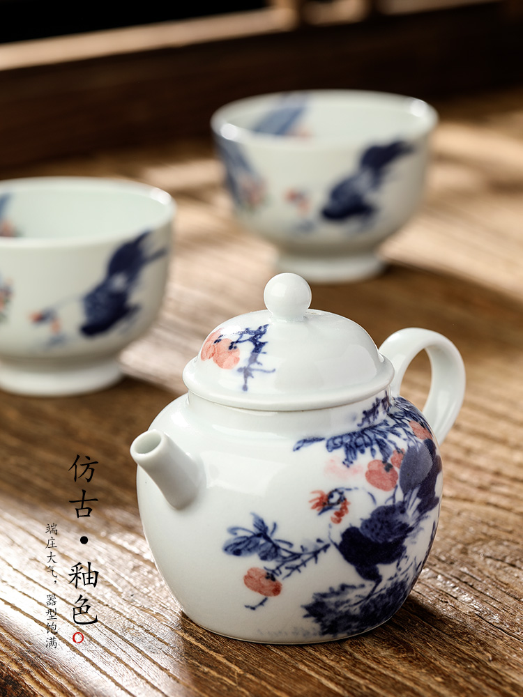 Jingdezhen blue and white teapot pure manual ceramic tea set hand - made big rooster antique teapot single pot kunfu tea