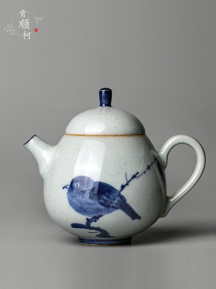 Pure manual jingdezhen blue and white teapot Chinese kungfu tea teapot hand - made riches and honour bird ceramic tea pot single pot