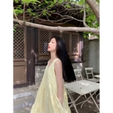 Желтое летнее небольшое платье, длинная юбка, французский стиль, V-образный вырез, свободный крой