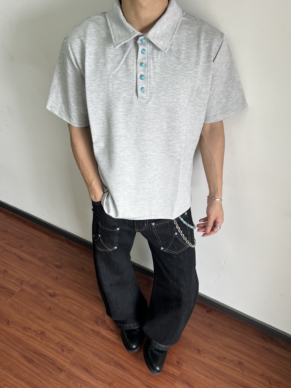 W709 American Retro Turquoise Button-Down Heavy-Duty Cleanfit Men's Loose Half-Sleeve Polo Shirt Top