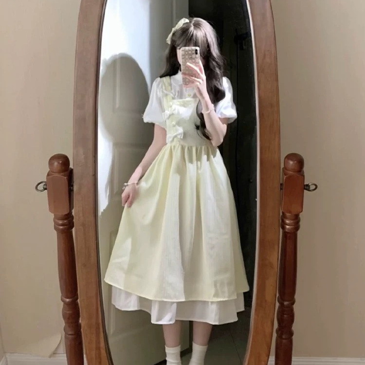 Japanese-Style School Uniform Yellow Dress for Girls, Summer Cute and Sweet Princess Dress, Waist-Cinching Slimming Mid-Length Dress