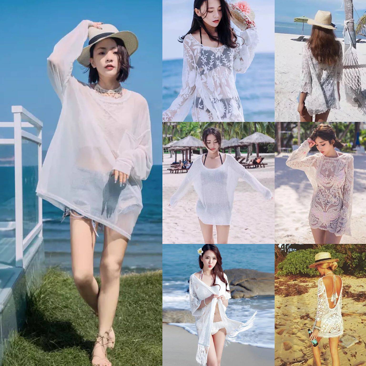 Vacation new loose sunscreen white cotton long sleeve shirt beach skirt bikini swimsuit blouse blouse woman