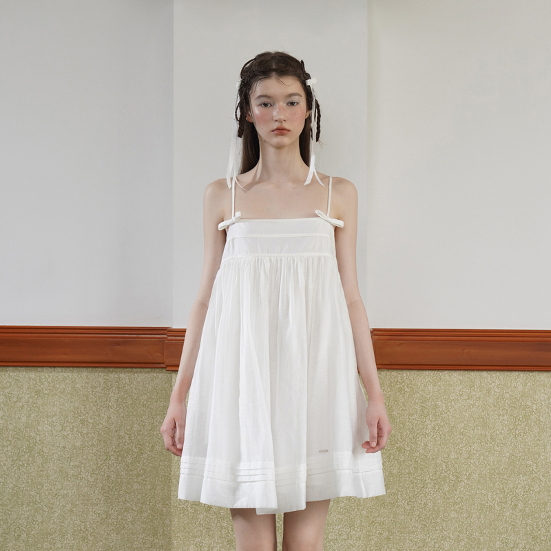 Hsiyounwoo Summer Silk Tencel Linen High-End Design Girl's Bow Suspender Doll Dress