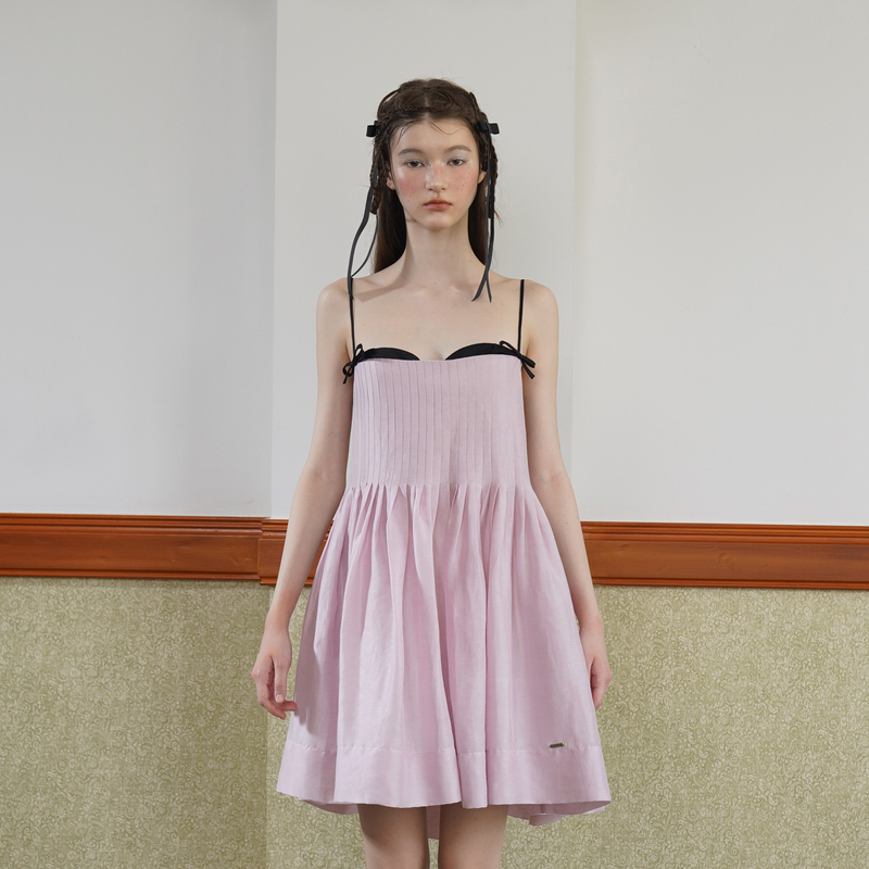 Hsiyounwoo Pink Mulberry Silk High-End Design Girl's Bow Silk Camisole Backless Suspender Dress