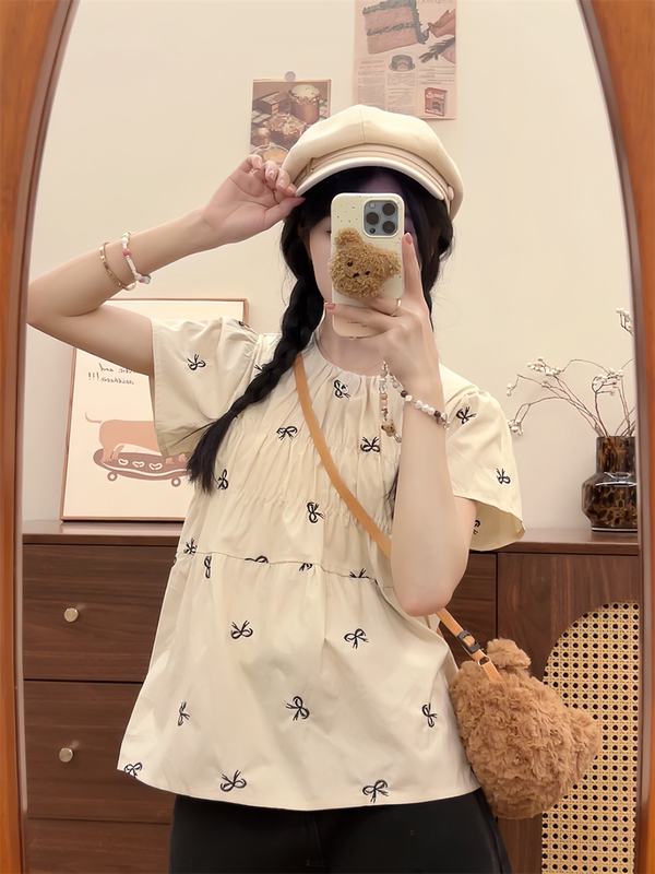 Bow Print Japanese Style T-Shirt Short Sleeve Women's New Doll Shirt Loose Sweet Niche Design Pleated Top