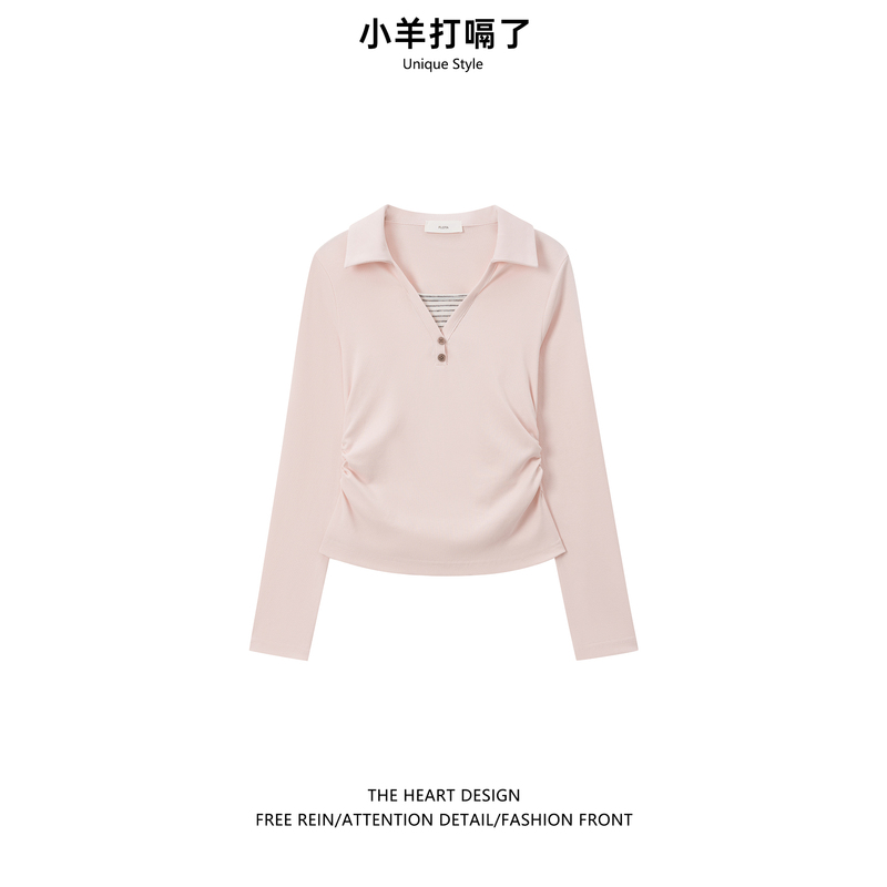 Korean-Style Pink Polo Collar Waist-Cinching Slimming Base Shirt for Women, 2026 Autumn New Long-Sleeve Inner T-Shirt Short Top Korean-Style Pink Polo Collar Waist-Cinching Slimming Base Shirt for Women, 2026 Autumn New Long-Sleeve Inner T-Shirt Short Top