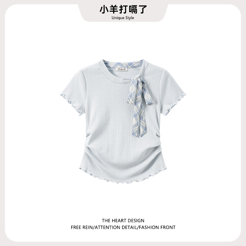 Blue Patchwork Plaid Bow Tie Round Neck Short-Sleeved T-Shirt for Women 2026 Summer New Pleated Waist Top