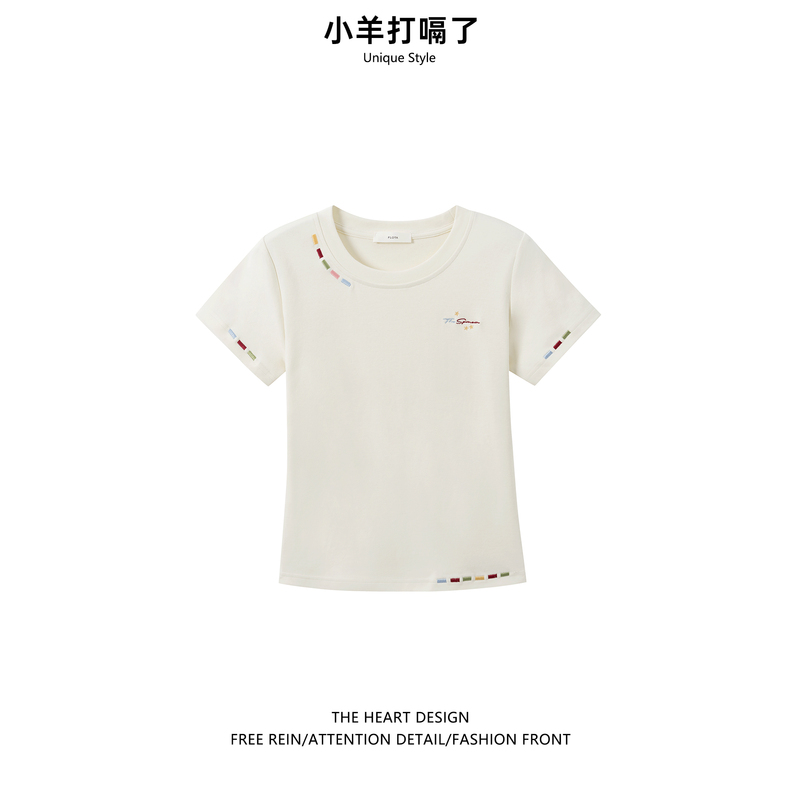 2026 New Style Petite Casual Round Neck Regular Shoulder Short-Sleeve T-Shirt for Women, Summer Korean Style Slim-Fit Short Embroidered Top