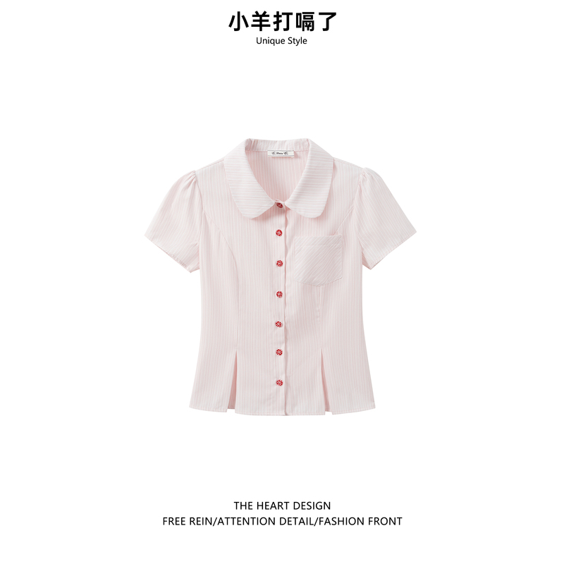 College Style Pink Striped Polo Collar Shirt for Women 2026 Summer New Slim Fit Short Top Korean Style Short-Sleeved Shirt