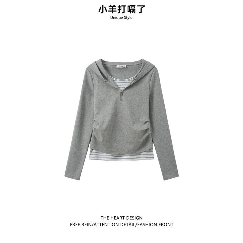 2026 Autumn New Striped Fake Two-Piece T-Shirt for Women with Hooded Design, Long Sleeve Slim Fit Base Shirt for Layering