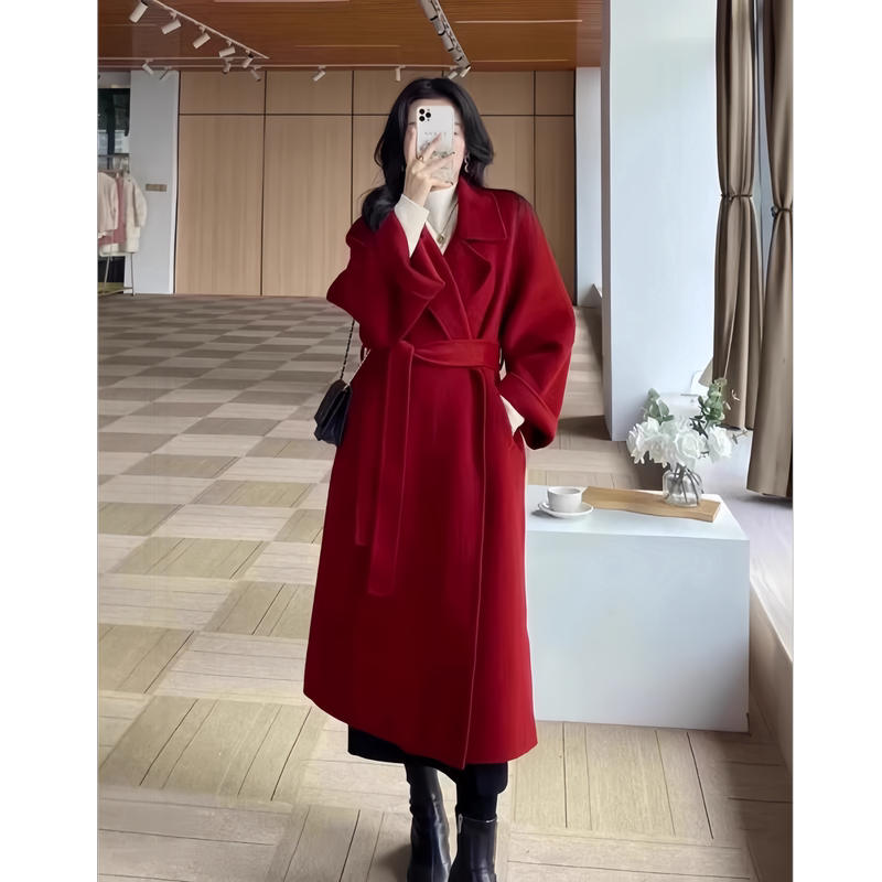 1Oo Wool Red Handmade Double-Sided Woolen Coat Loose Korean Style 2026 Winter New Woolen Coat Wedding