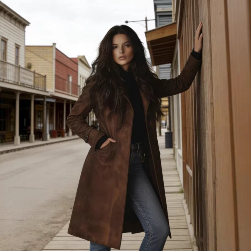 2026 High-Quality European and American Amazon Cross-Border Women's Autumn and Winter Coat, Lapel Suede Long Trench Coat