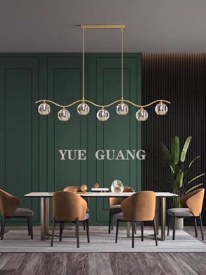 All-Copper Restaurant Chandelier, Light Luxury Crystal Dining Table Lamp, Long Bar Counter Lamp, Post-Modern Light Luxury Minimalist Designer Lighting