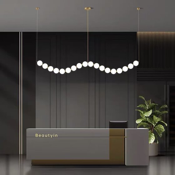 All-Copper Magic Bean Restaurant Chandelier, Modern Minimalist Nordic Creative Long Strip Light Luxury Pearl Necklace Dining Table Lighting Fixture