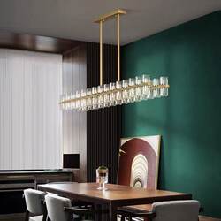 Postmodern Light Luxury All-Copper Crystal Dining Room Chandelier, Minimalist Bar Island High-End Atmospheric Chandelier, Fashionable Long Strip Light