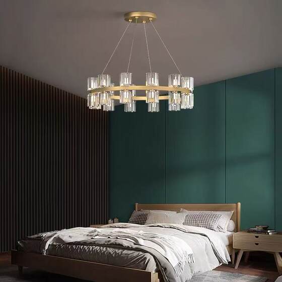 High-End Light Luxury All-Copper Crystal Chandelier Living Room Lamp Modern Simple and Elegant Round Multi-Head Dining Room Bedroom Lighting Fixtures