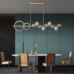 Modern Minimalist All-Copper Dining Room Chandelier, Creative and Unique Crystal Ball Long Strip Light, Light Luxury Dining Table Bar Island Chandelier
