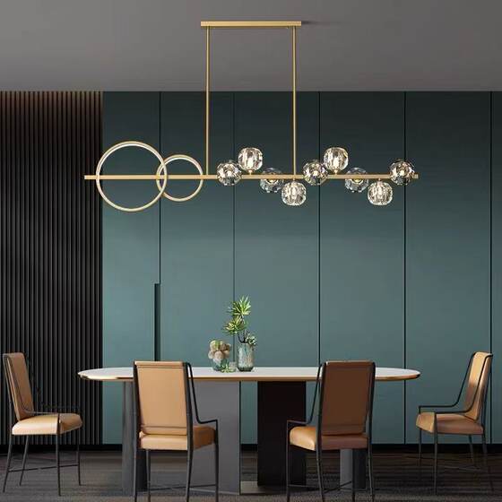 Modern Minimalist All-Copper Dining Room Chandelier, Creative and Unique Crystal Ball Long Strip Light, Light Luxury Dining Table Bar Island Chandelier