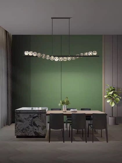 Restaurant Chandelier, Nordic Lighting, All-Copper Post-Modern Light Luxury Dining Room Lamp, Creative and Unique Long Bar Crystal Chandelier